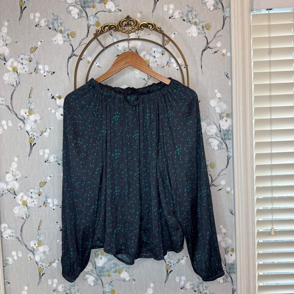 Gap Womens Small NWT Satin Long Sleeve Blouse Navy Teal Diamond Print Tie Back